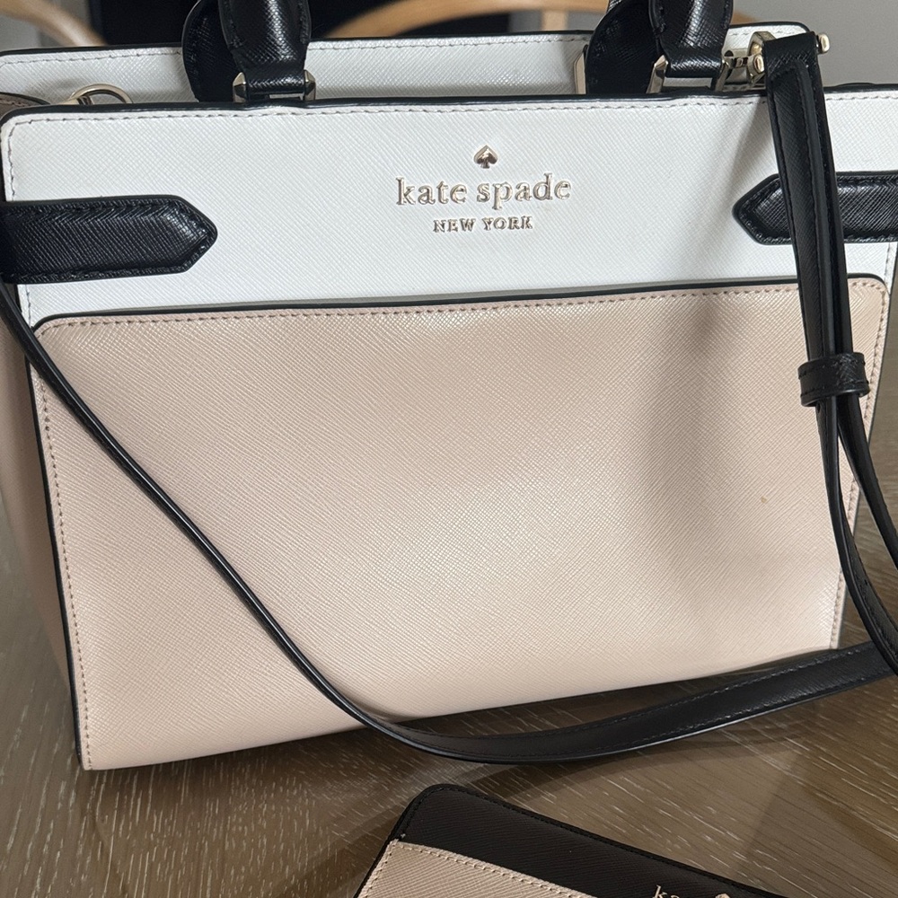 Kate Spade Black White Tan Leather Satchel Purse with Wallet - Picture 3 of 9